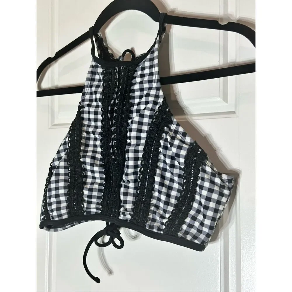 Betsey Johnson size L swim bikini top Gingham black/ white